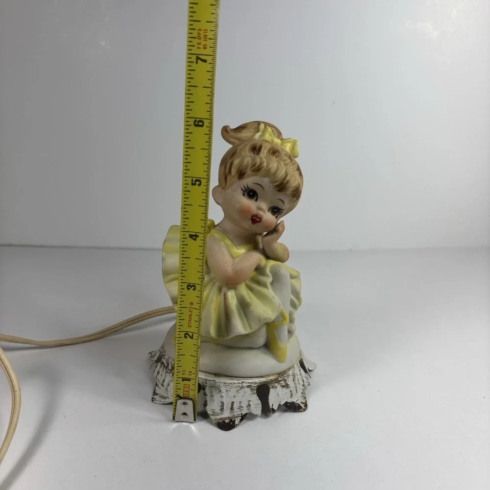 Vtg Rustic Cottage Porcelain Ballerina Night Light Yellow Dress Metal Stand Plug